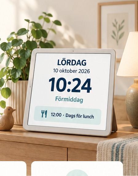 Dagtavlan på en byrå i ett lugnt hem, med växt och lampa